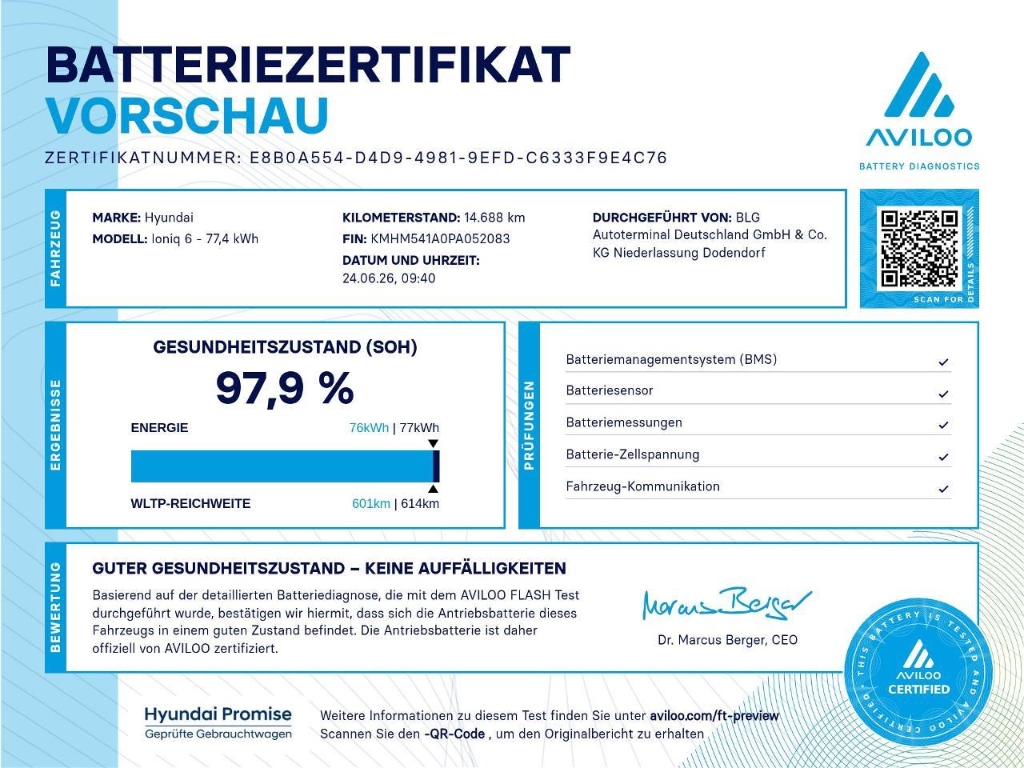 Fahrzeugabbildung Hyundai IONIQ 6 77,4kWh 2WD UNIQ Digi-Spiegel 20LM Schiebedach HUD Navi Digitales Cockpit